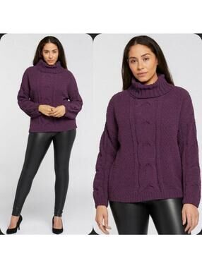 Seven7 Comfy Rich Purple Cable Knit Turtleneck Sweater Size Medium